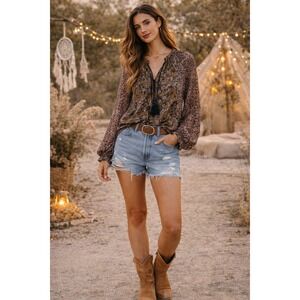 Free People Womens  Blouse XS Brown Long Sleeve Peasant Top Floral Tie Neck